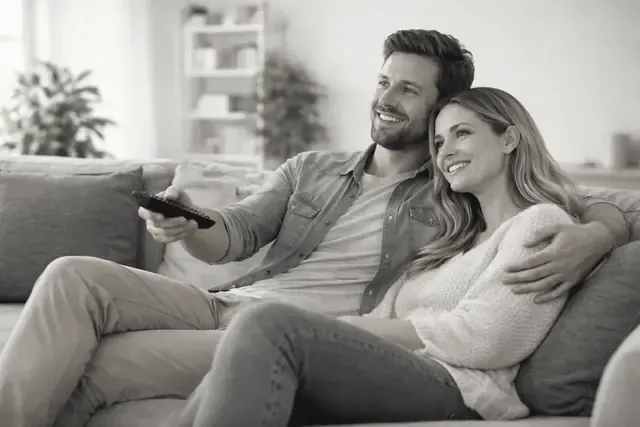Two adults on a sofa, one holding the remote, about to start a program
