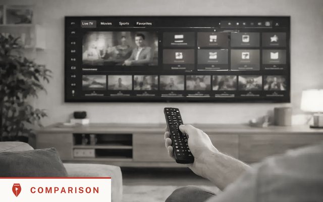 Vizwriting cover for "IPTV vs cable: news, documentaries, local weather and the monthly bill": an editorial black-and-white photograph with the article title